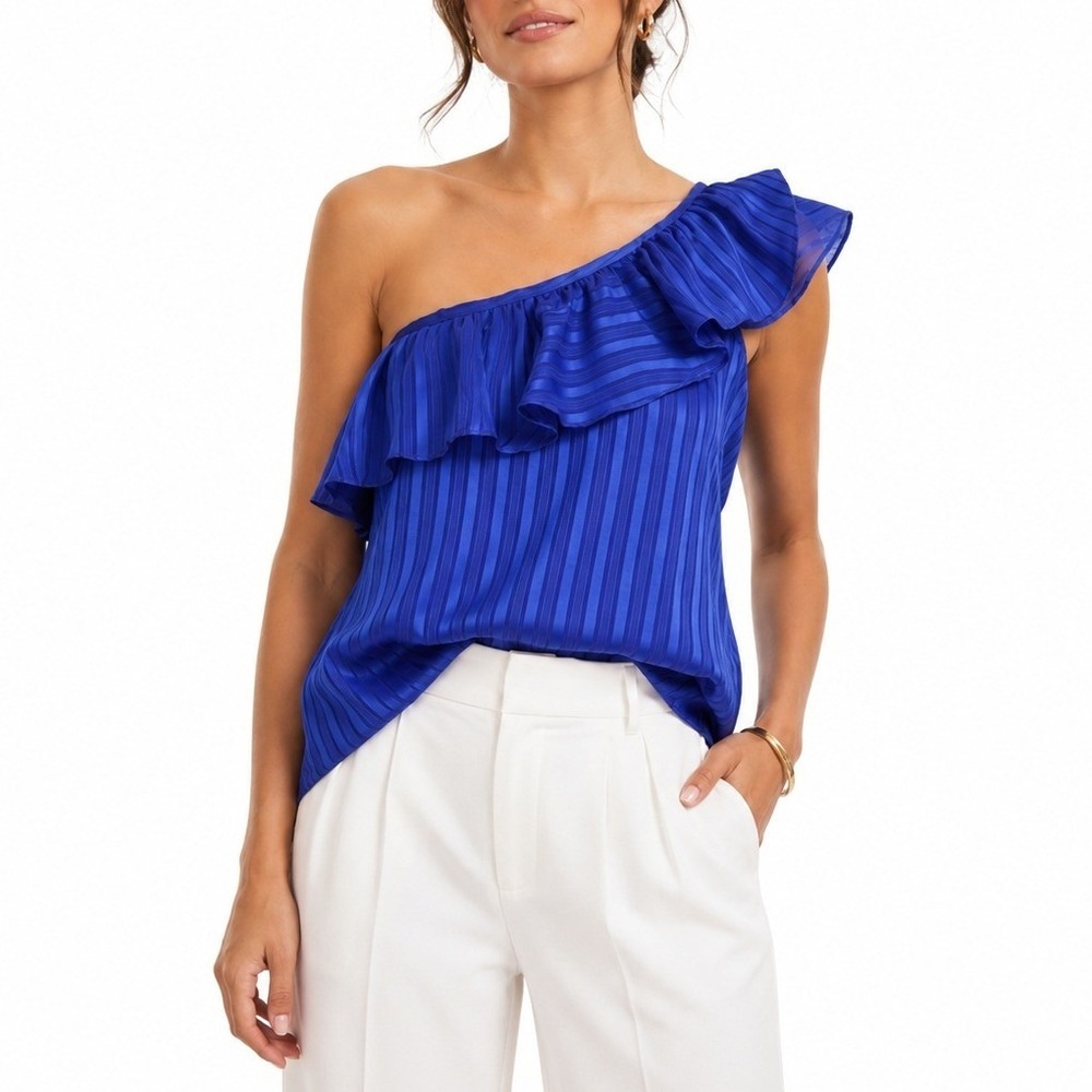White House Black Market Royal Blue Striped One Shoulder Ruffle Blouse Size 12